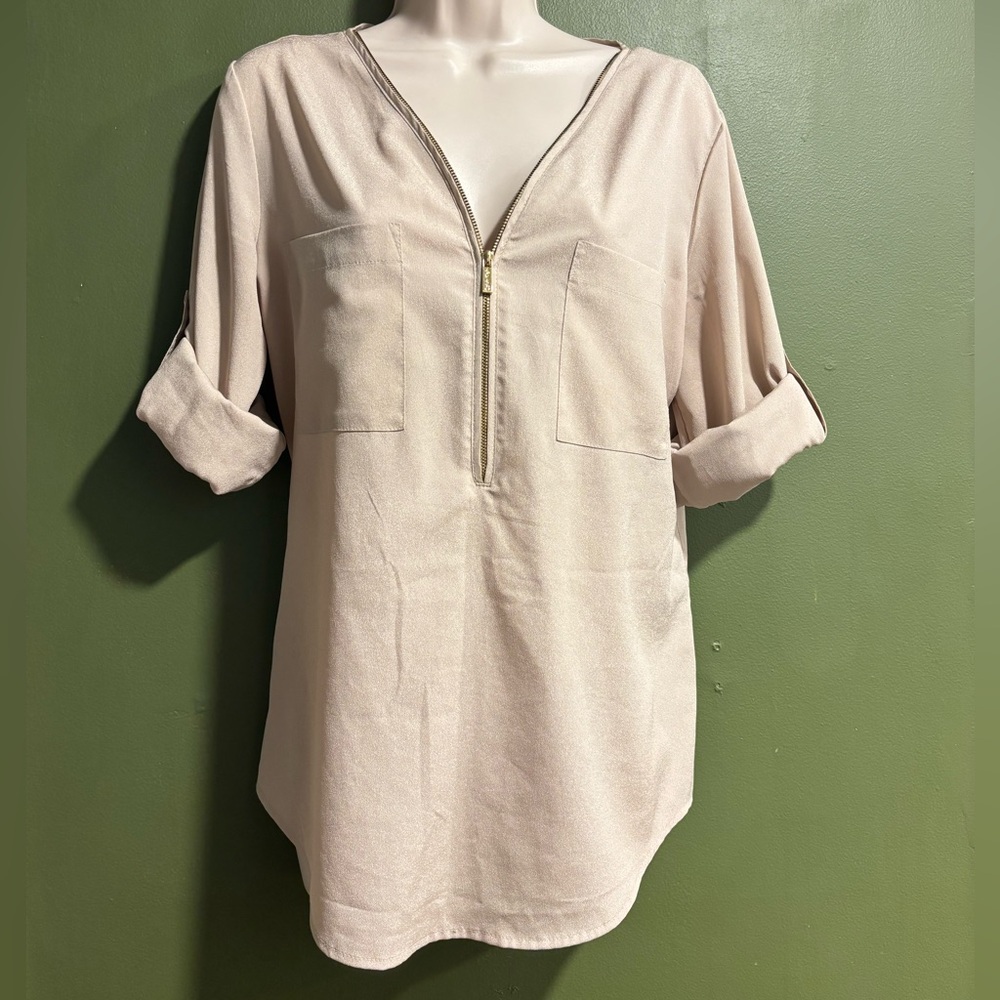 Calvin Klein pale Gold Roll Sleeve, Zip-Front Top